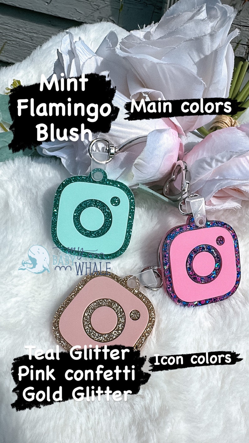 May include: Three Instagram-style keychains with different color combinations. The first keychain is mint green with teal glitter. The second keychain is pink with pink confetti and gold glitter. The third keychain is blush pink with a pink glitter design. The text "Main colors" is written above the keychains and "Icon colors" is written below the keychains.
