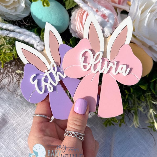 Etiqueta personalizada para cesta de Pascua con lazo de conejito, etiqueta con nombre de conejito personalizada, regalo de Pascua para niños, etiquetas para cesta de Pascua, decoración de Pascua, regalo de Pascua para niñas