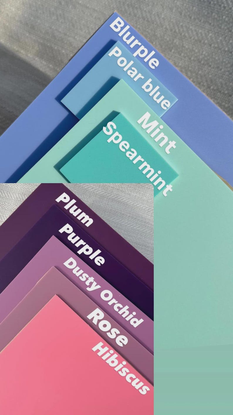 May include: A layered arrangement of color swatches in shades of blue, green, purple, and pink. Each swatch is labeled with a color name in white text, including "Blurple," "Polar blue," "Mint," "Spearmint," "Plum," "Purple," "Dusty Orchid," "Rose," and "Hibiscus."