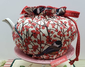 SNUGGLENS Tea Pot Cozy Cover, Tea Cozy, Tea Accessory, Birds and Berries, Insulated, Reversible, Handmade, Available in 5 Sizes