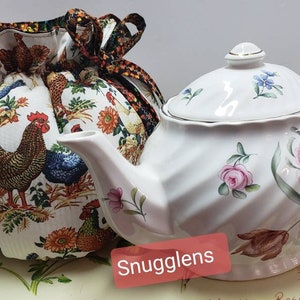 Handmade Fabric Tea Cozy-Drawstring Tea Cozy-Gift For Tea Lovers-Insulated teapot Warmer-Farmhouse Country Chickens Tea Cozy-5 Sizes- SALE