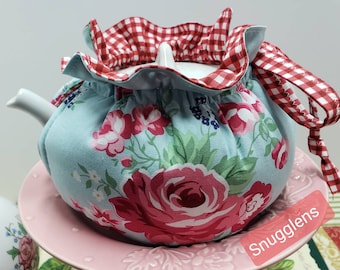 SNUGGLENS Tea Pot Cozy Cover,Tea Cozy, Aqua Floral Roses, Red Gingham, Insulated, Reversible, Handmade, Available in 5 sizes