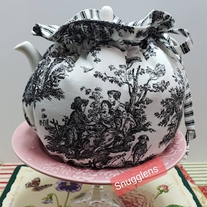 Handmade Tea Pot Cozy: Black Country Life Toile, Reversible, Double Insulated