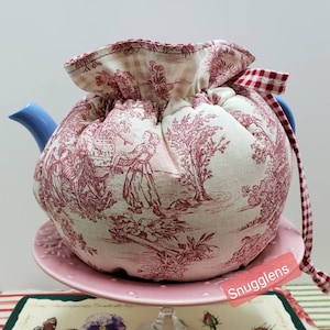 SNUGGLENS Tea Pot Cozy Cover, Tea Cozy, Red Toile, Insulated, Reversible, Handmade, 5 sizes, Available in 5 sizes