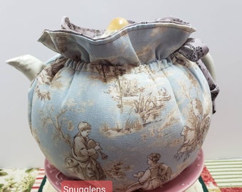 SNUGGLENS Tea Pot Cozy Cover, Tea Cozy, Tea accessory, Country Life Toile fabric, Double Insulated, Reversible, Available in 5 sizes.