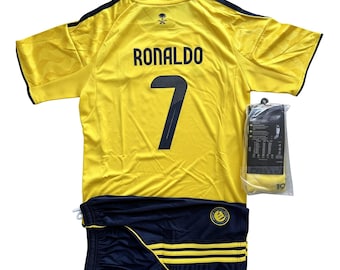 Kids Al Nassr Ronaldo CR7 Football Fans Tshirt Shorts And Socks sizes 3-13 years