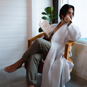 Organic waffle robe, organic robe, bathrobe, organic bathrobe, unisex bathrobe, unisex, couple, white, luxury, reading, book, robe, grey waffle robe, spa robe, bathrobe, cotton robe, bath robe, gift for her, gray robe, organic, women's robe