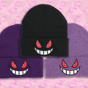 Gengar Grin | Embroidered Cuffed Beanie | Multiple Colors | Men Women Unisex Knit Winter Hat Cap