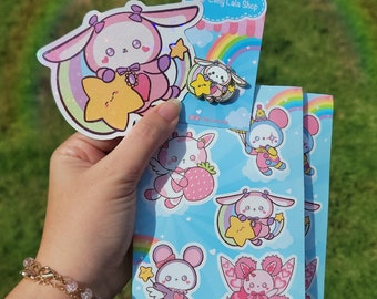 Rainbow Bunny BUNDLE - 1 Glitter Sticker, 1 Pin and 2 Matte Sheet Stickers.