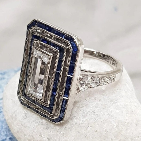 Emerald Cut Milgrain Fine Jeweley Ring,Vintage Art Deco Ring,925 Sterling Silver Ring,Blue & White Cocktail Party Jewelry,Big Art Deco Ring