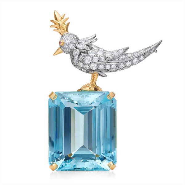Schumbeger bird on the rock Brooch,Bird inspired Diamond Brooch,Men's brooch, Emerald Cut Diamond Brooch