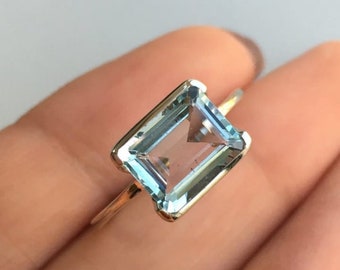 East West Aquamarine Emerald Cut Engagement Ring,Wedding Ring,Promise Ring,Best Gift For Her,Birthday Gift,Daily Wear Ring