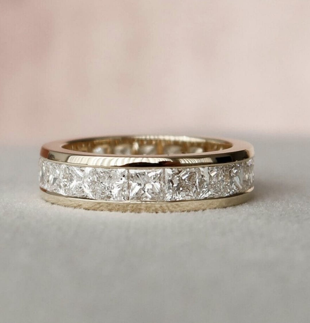 3mm Princess Cut Moissanite Channel Set Wedding Band 14K Solid Gold ...