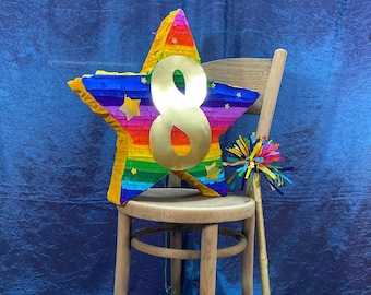 Number eight piñata, add cheer to your anniversary or eighth birthday party with an oversized gold #8 on a bright rainbow colourd star