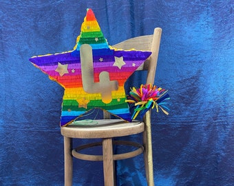 Number four piñata, add cheer to your anniversary or fourth birthday party with an oversized gold #4 on a bright rainbow coloured star