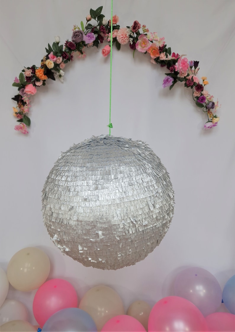 Disco ball Piñata, this shimmering mirror ball will compliment your disco party décor and is a fun party game for adults and children image 6