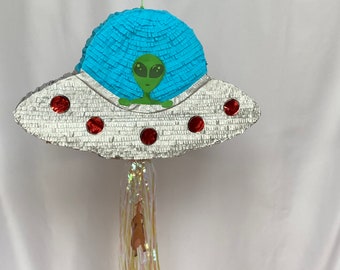 UFO alien abduction piñata, the perfect party game for an astronauts space themed birthday party or weird science styled birthday party