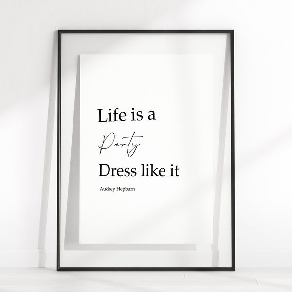 Audrey Hepburn Quote Wall Art,Life is a party,Dress Like it,Fashion Poster,Motivational print,Inspirational Quote,Digital Prints