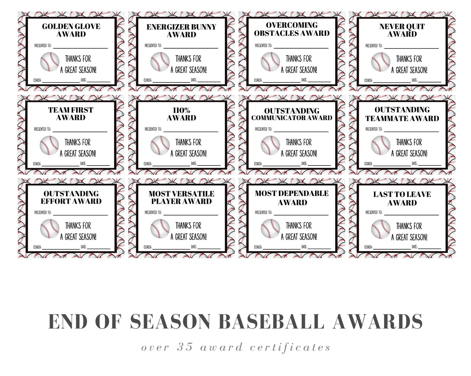 End of Season Baseball Award Certificates 45 Baseball Etsy