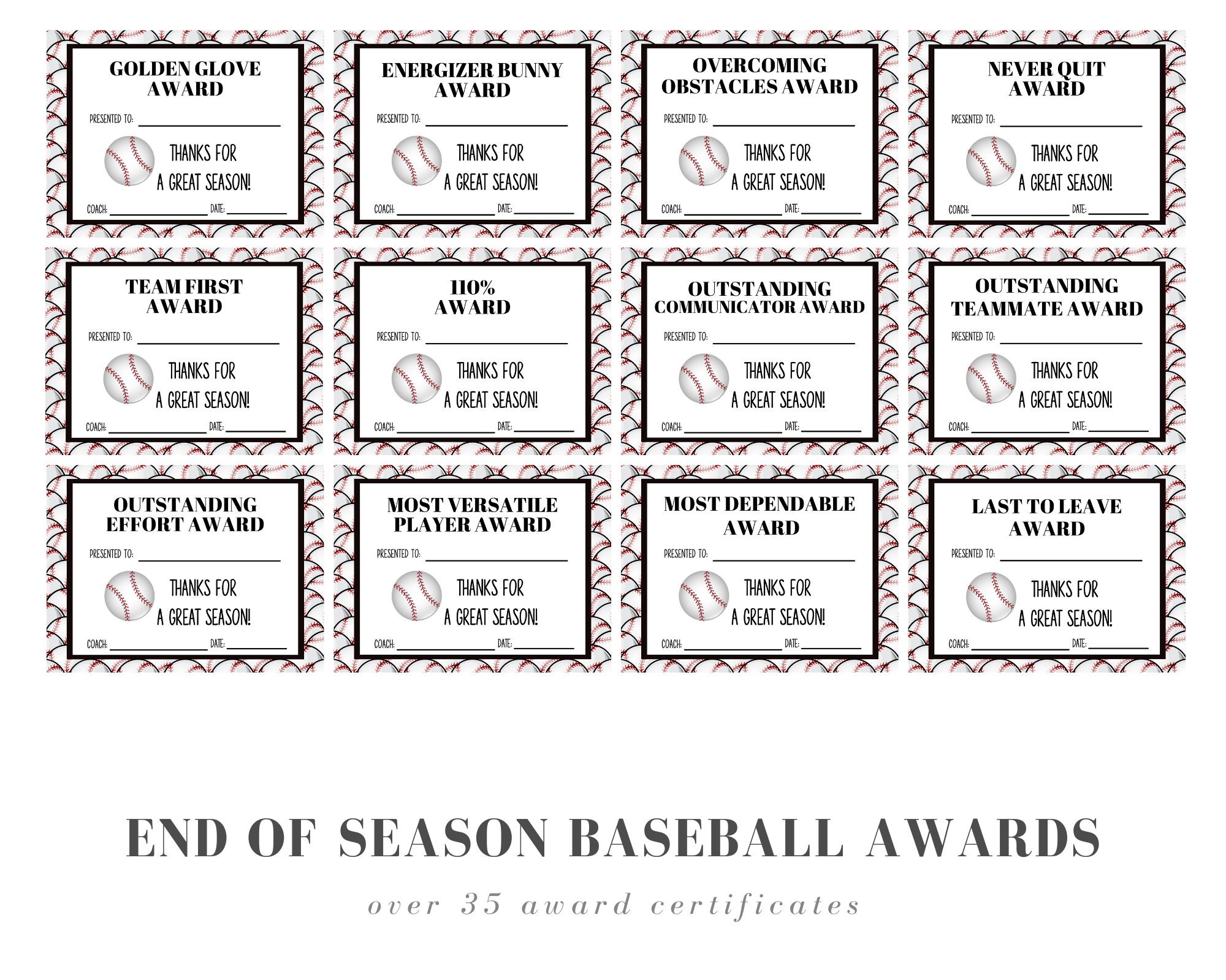 End of Season Baseball Award Certificates 45 Baseball Etsy
