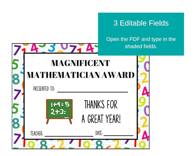 End of School Math Award Certificates | Editable Math Certificate - Etsy