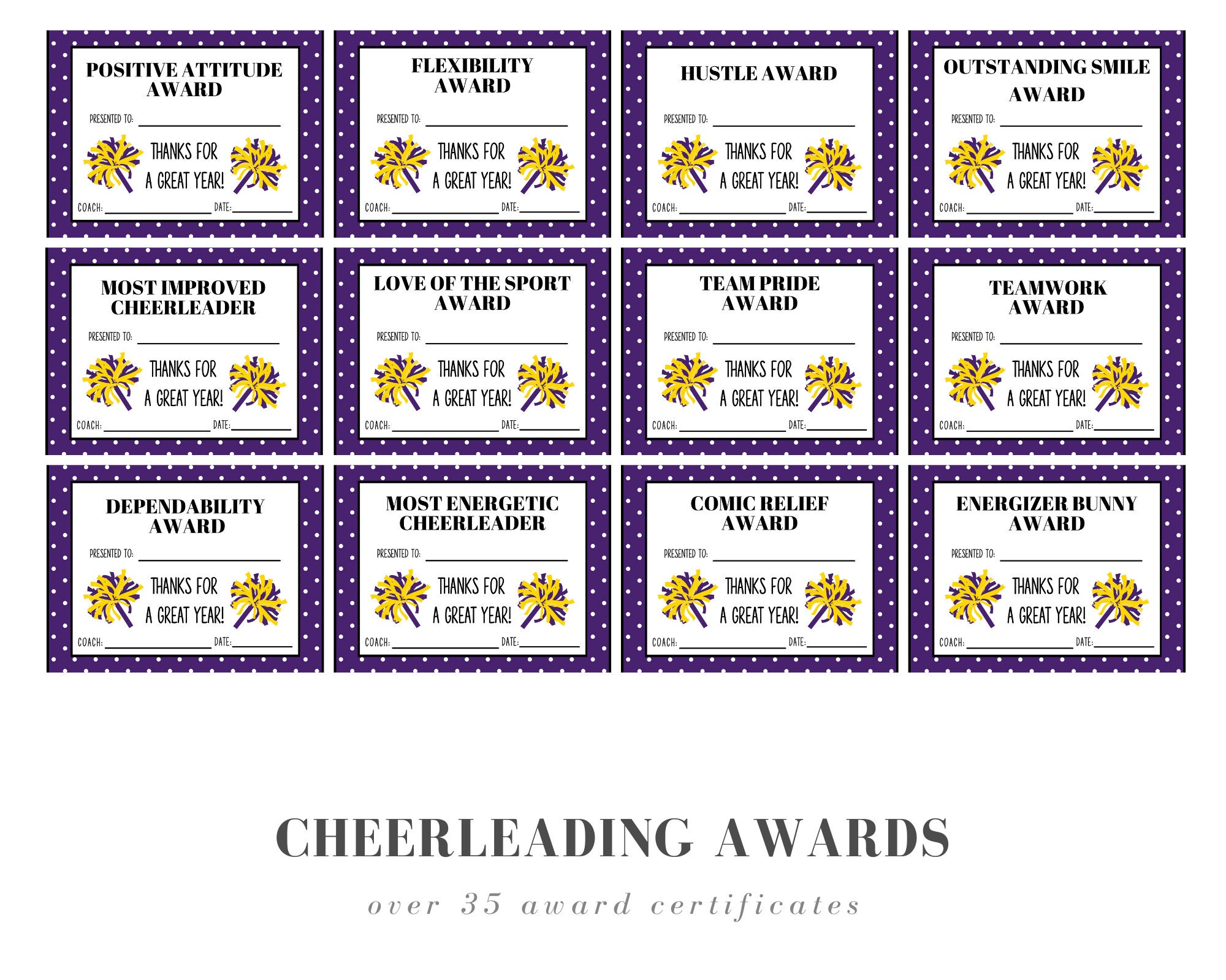 Cheerleading Award Certificates Purple and Gold Pom Poms Etsy España