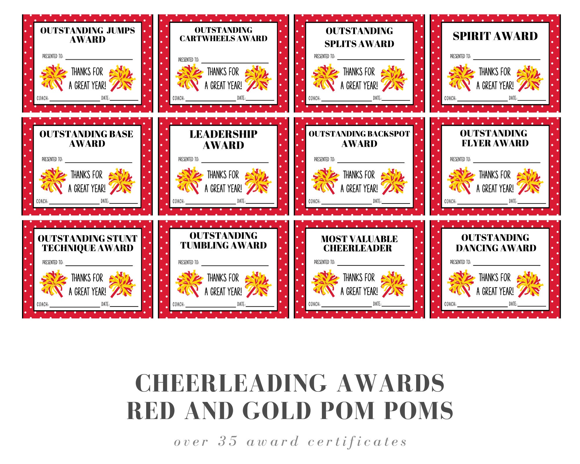 Cheerleading Award Certificates Red and Gold Pom Poms | Etsy
