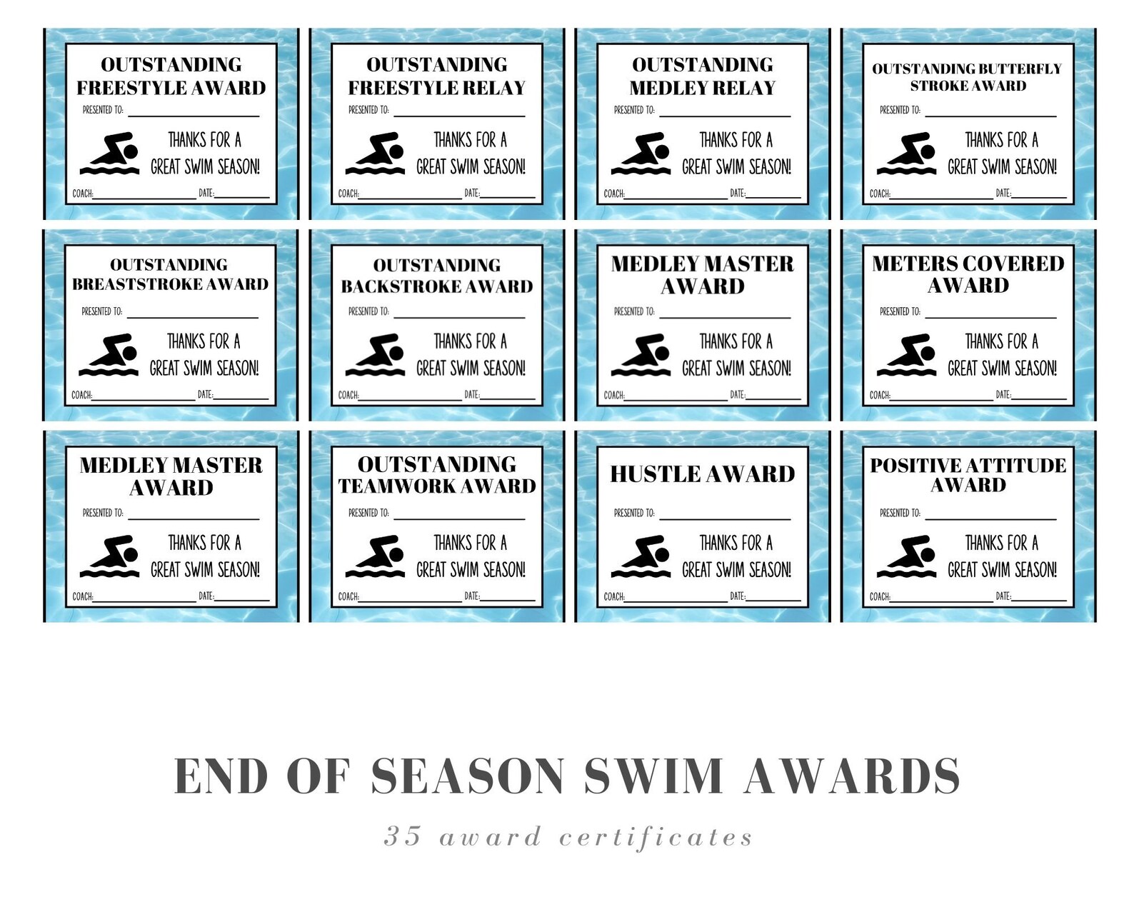 End of Season Swim Team Award Certificates 35 Swimming Awards for End