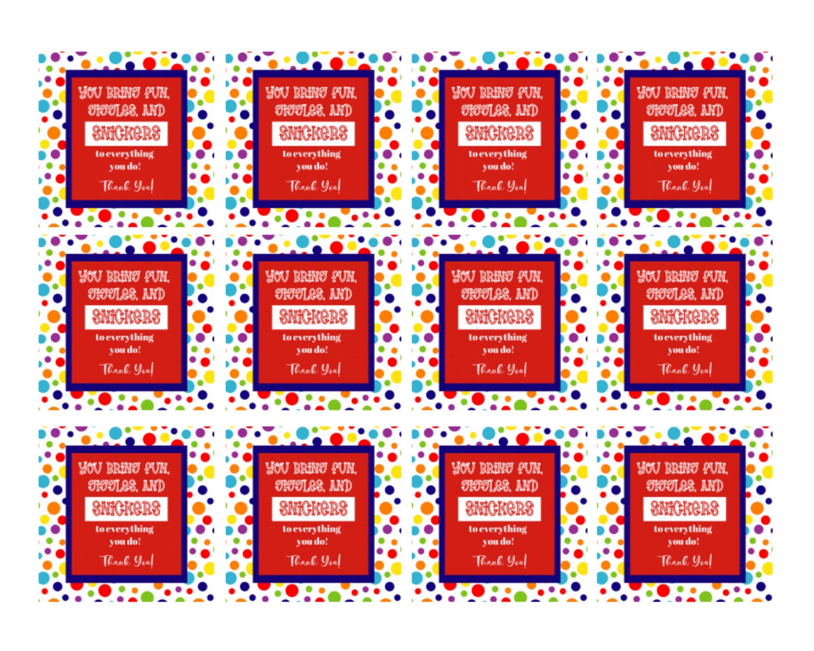 Snickers Candy Printable Tags Thank You Candy Tags Thank - Etsy