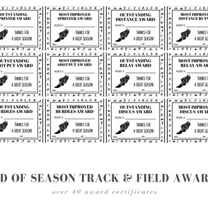 May include: A collection of black and white track and field awards. Each certificate features a winged foot graphic and text such as "Outstanding Sprinter Award" and "Thanks for a Great Season!" The text "End of Season Track & Field Awards" is also present.