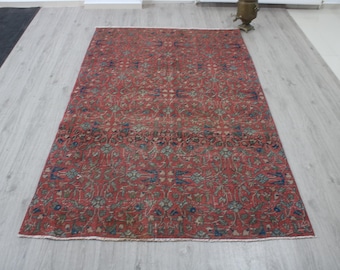 5x8 Red Area Rug, Handmade, Vintage Turkish Rug, Wool, Bedroom, Neutral, Moroccan, 5.1x8.2 ft