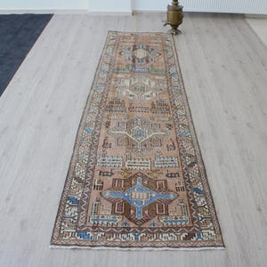 Tapis de couloir turc vintage Oushak, 91 x 335 cm, tapis d'escalier, tapis Oushak marron beige.