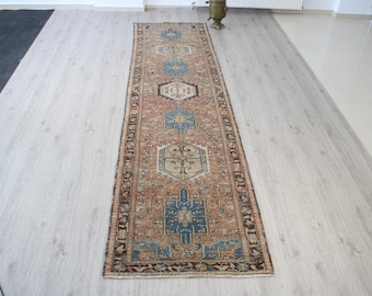 Tapis de course bleu orange 3 x 12, fait main, tapis de course turc vintage, lavable, neutre, escalier