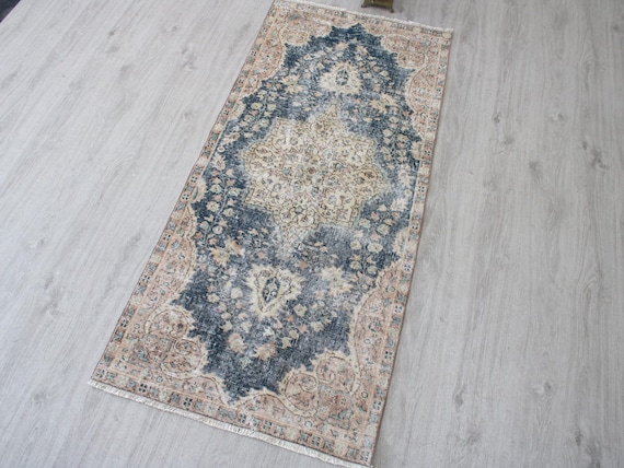 Vintage Anatolian Rug, Beige Blue 3x6 Ft Corridor Rug, Hand Knotted Antique Rug, Cotton Wool Rug