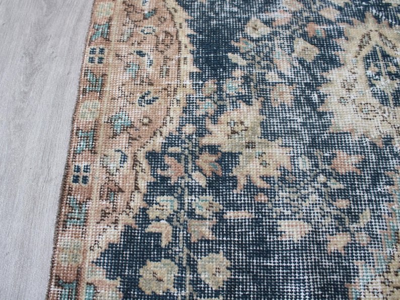 Vintage anatolisk matta, beigeblå 3 x 6 fot korridormatta, handknuten antik matta, bomullsmatta bild 12