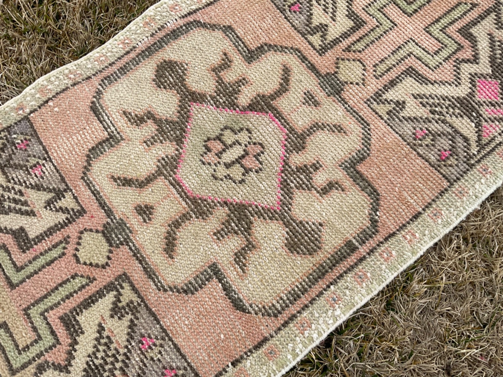 Vintage Turkish Wool Rug, Faded Oriental Design, Handmade Doormat