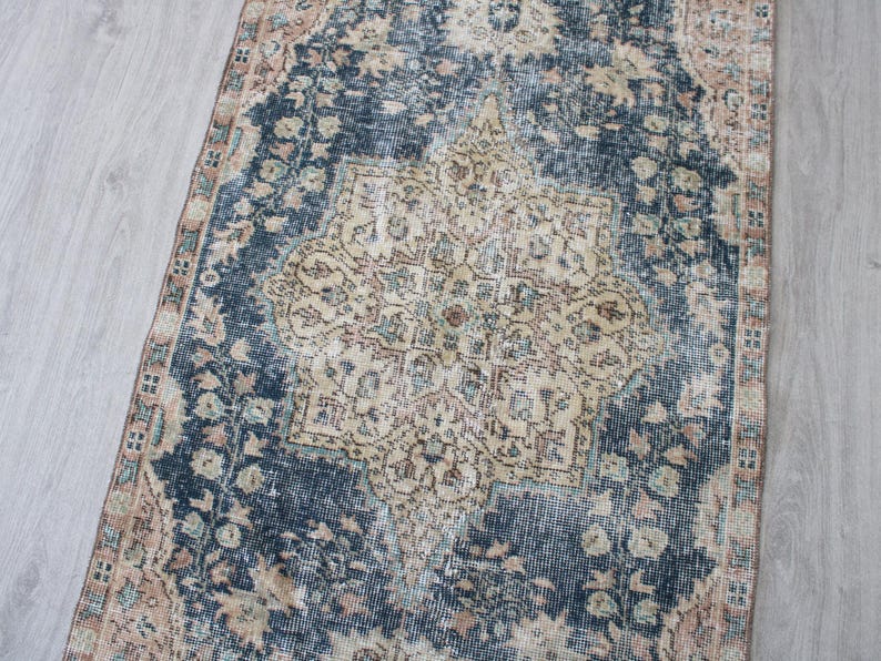 Vintage anatolisk matta, beigeblå 3 x 6 fot korridormatta, handknuten antik matta, bomullsmatta bild 6