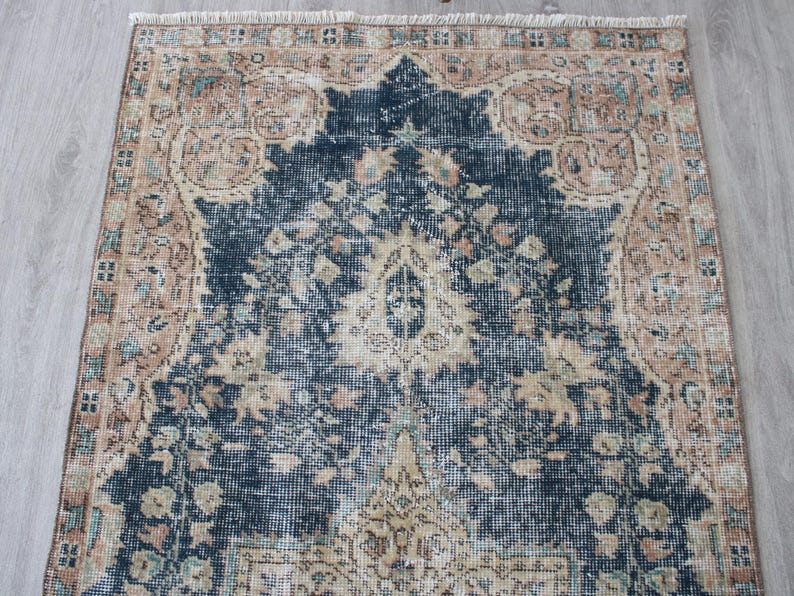 Vintage anatolisk matta, beigeblå 3 x 6 fot korridormatta, handknuten antik matta, bomullsmatta bild 10