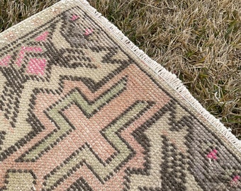 Vintage Turkish Wool Rug, Faded Oriental Design, Handmade Doormat