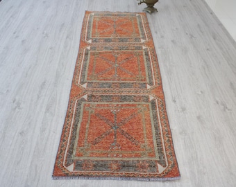Turkish Runner Rug, 3x8 Ft, Orange Brown Small Runner Rug, Oushak Tribal Hallway Rug, Stair Decor  Rug