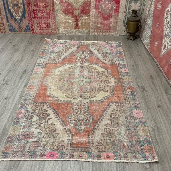 4x7 Orange Area Rug, Home Decor Rug, Antique Rug, Wool Rug, Oushak Rug, Rustic Rug, Bohemian Decor Rug, Turkish Area Rug,Orange Vintage Rug