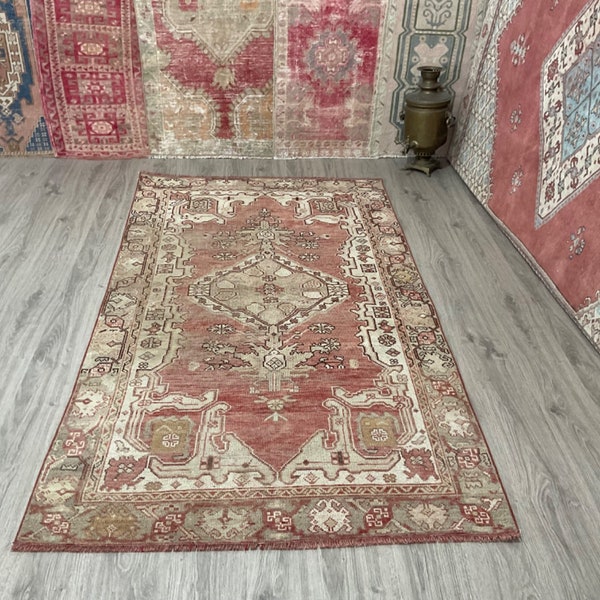 4x7 Red Area Rug, Handmade Rug, Oriental Rug, Kitchen Rug, Bedroom Rug, Home Decor Rug, Antique Rug, Turkish Area Rug, Living Room Rug