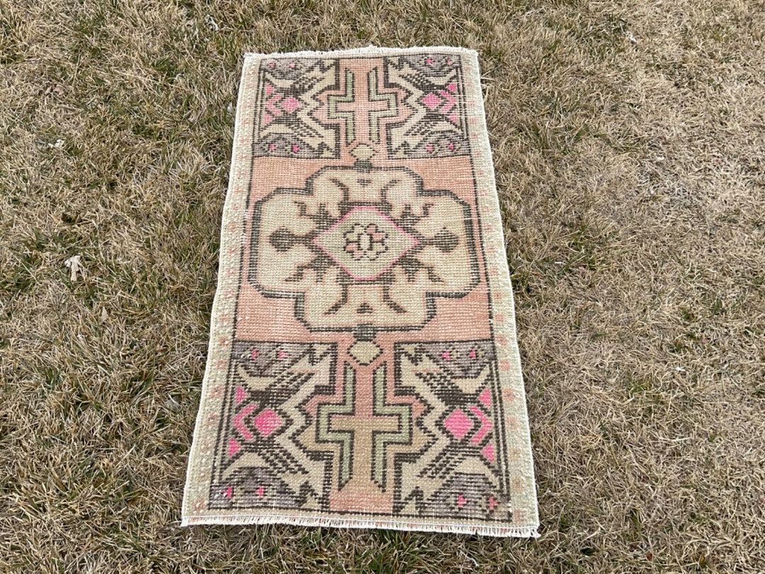Vintage Turkish Wool Rug, Faded Oriental Design, Handmade Doormat