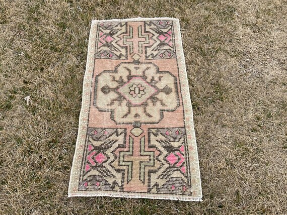 Vintage Turkish Wool Rug, Faded Oriental Design, Handmade Doormat