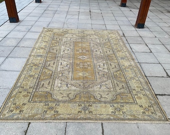 6x9 Beige Brown Rug, Turkish Area Rug, Handmade, Vintage, Kitchen, Neutral Wool, 6.5x9.2 ft