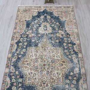Vintage anatolisk matta, beigeblå 3 x 6 fot korridormatta, handknuten antik matta, bomullsmatta bild 8
