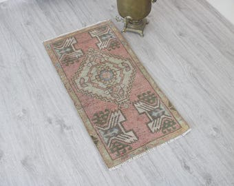 2x3 Ft, Faded Doormat, Red Beige Mat Rug, Oriental Small Rug, Handmade Turkish