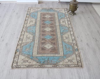 4x6 Handmade Blue Brown Area Rug, Turkish Wool Rug, Neutral, Vintage, Kitchen, Bedroom, Washable