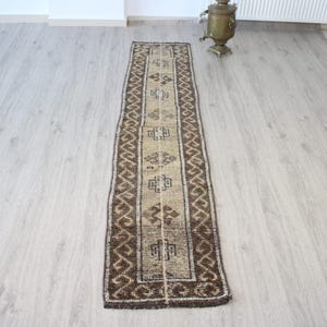 Turkish Traditional Patchwork Runner Rug: 2x8 Brown Beige Runner Rug