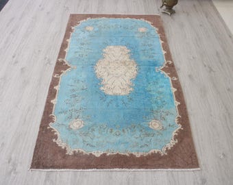 4x7 Brown Blue  Rug, Handmade, Vintage, Kitchen, Neutral Wool, Turkish Area Rug,3.9x6.9 ft